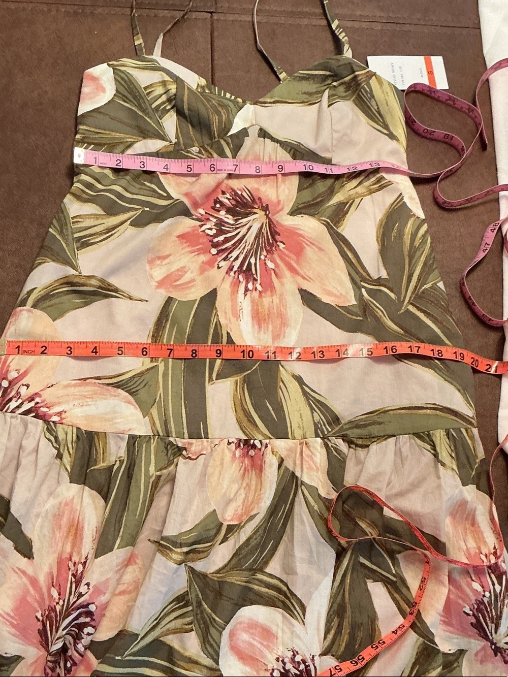 NWT Taylor Floral Tiered Dress Sz S Cream, Pink & Green Cotton Spaghetti Straps - Picture 10 of 13